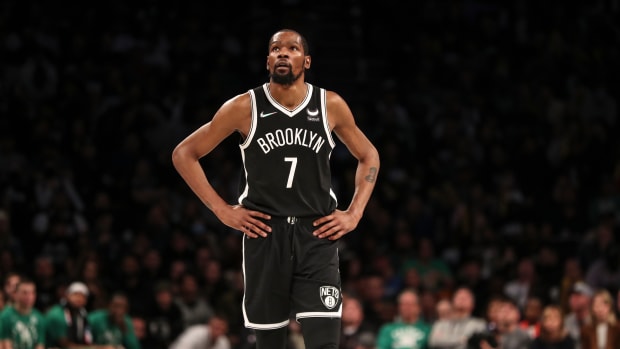 Brooklyn Nets forward Kevin Durant wore the Travis Scott x Air Jordan 1 'Reverse Mocha'.